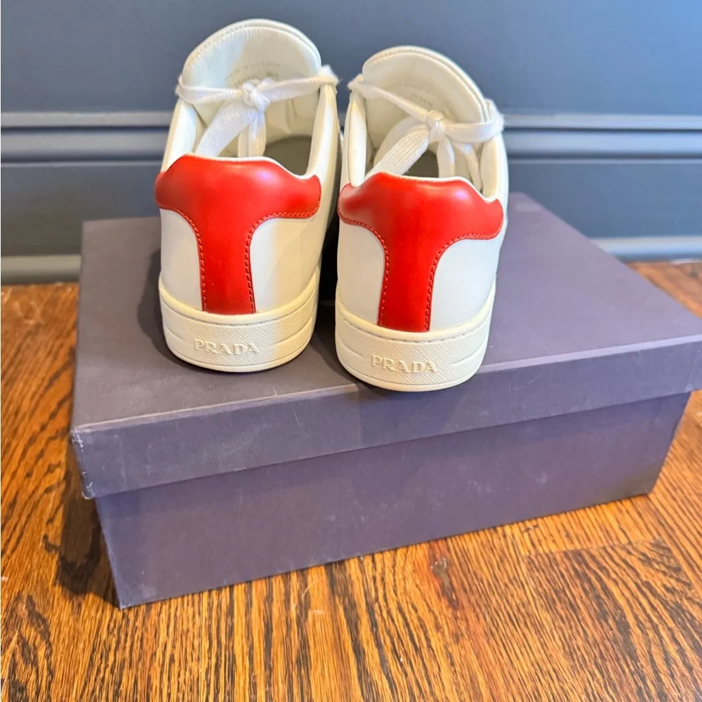 Prada White Leather Low-Top Sneakers with Red Heel - Picture 2 of 5